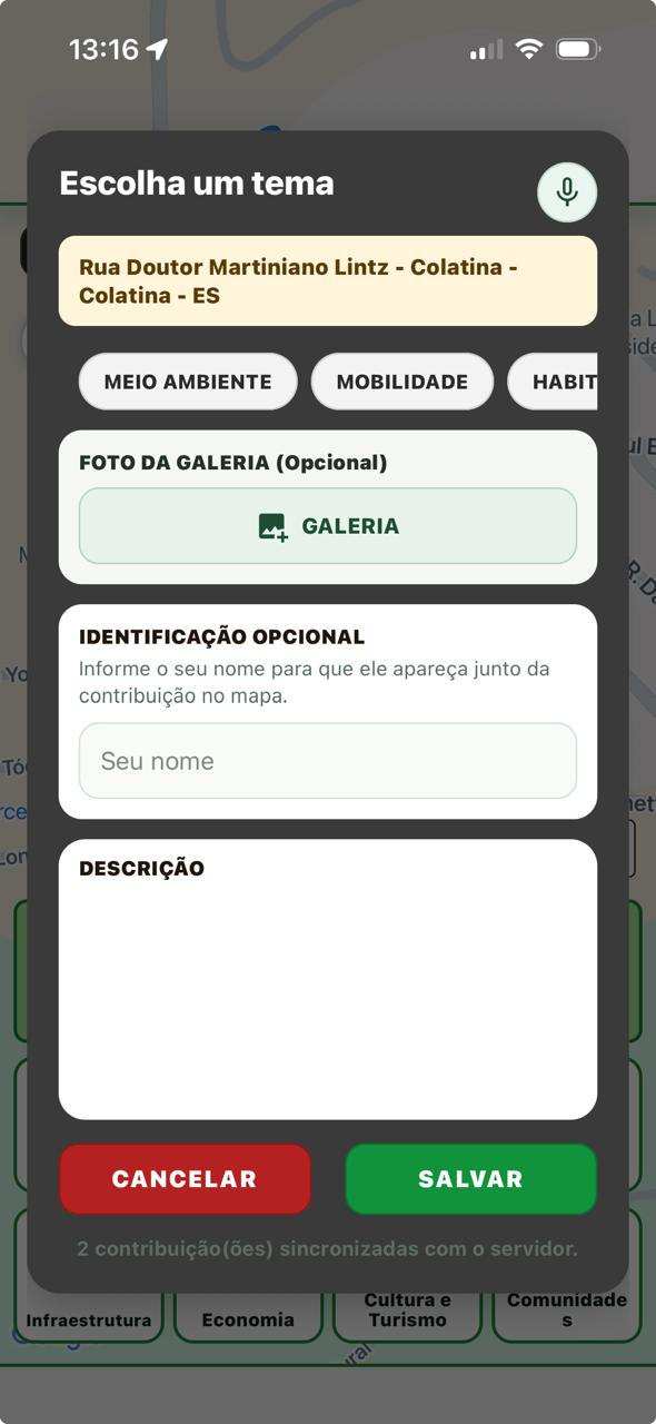 Tela de contribuição do aplicativo Meu Local com botão Galeria