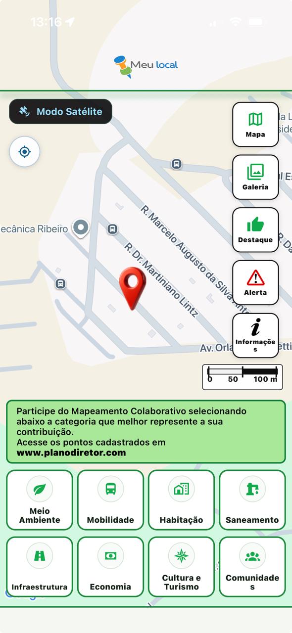 Tela inicial do aplicativo Meu Local com mapa e categorias
